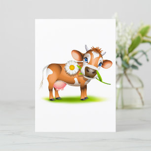 Cute Cartoon Dairy Cow with Flower and Grass Invitation