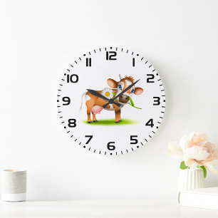 Cute Cartoon Dairy Cow with Flower and Grass Large Clock