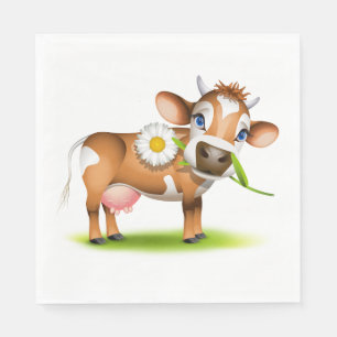 Cute Cartoon Dairy Cow with Flower and Grass Napkins