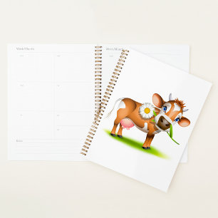 Cute Cartoon Dairy Cow with Flower and Grass Planner