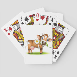 Cute Cartoon Dairy Cow with Flower and Grass Poker Cards