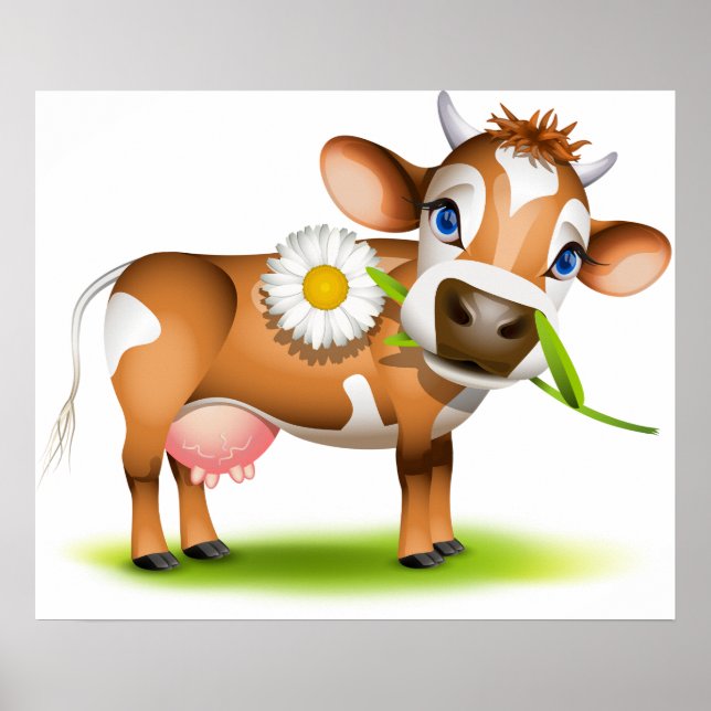 Cute Cartoon Dairy Cow with Flower and Grass  Poster (Front)