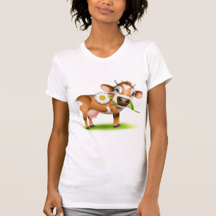 Cute Cartoon Dairy Cow with Flower and Grass T-Shirt