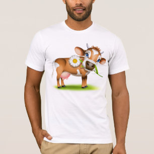 Cute Cartoon Dairy Cow with Flower and Grass T-Shirt