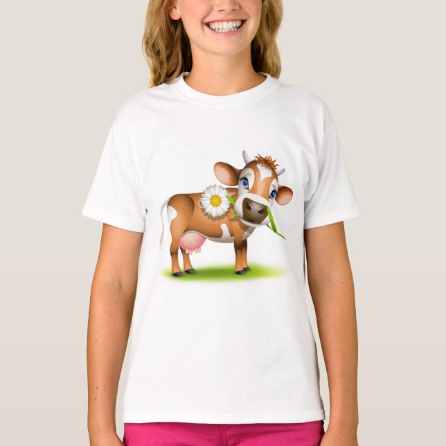 Cute Cartoon Dairy Cow with Flower and Grass  T-Shirt (Front)
