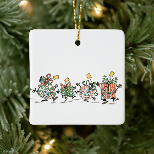 Cute Cartoon Dancing Christmas Presents and Tree Ceramic Ornament (Tree)