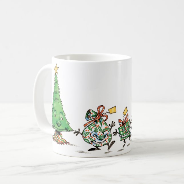 Cute Cartoon Dancing Christmas Presents and Tree Coffee Mug (Front Left)