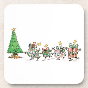 Cute Cartoon Dancing Christmas Presents and Tree Drink Coaster