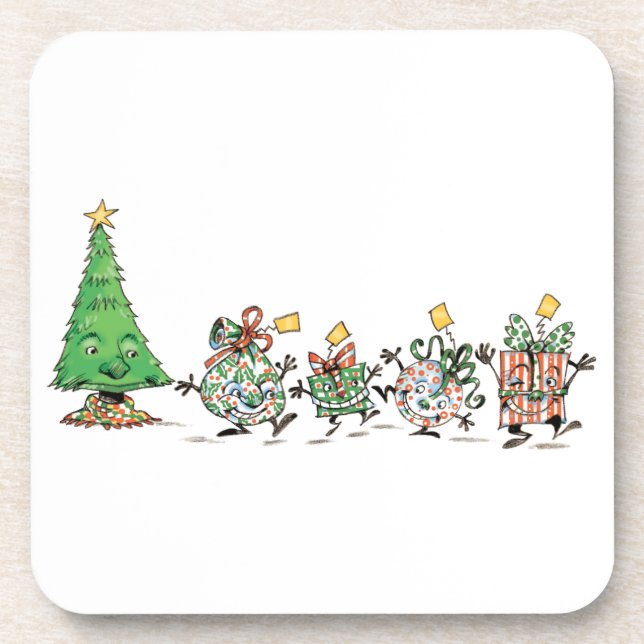 Cute Cartoon Dancing Christmas Presents and Tree Drink Coaster (Front)