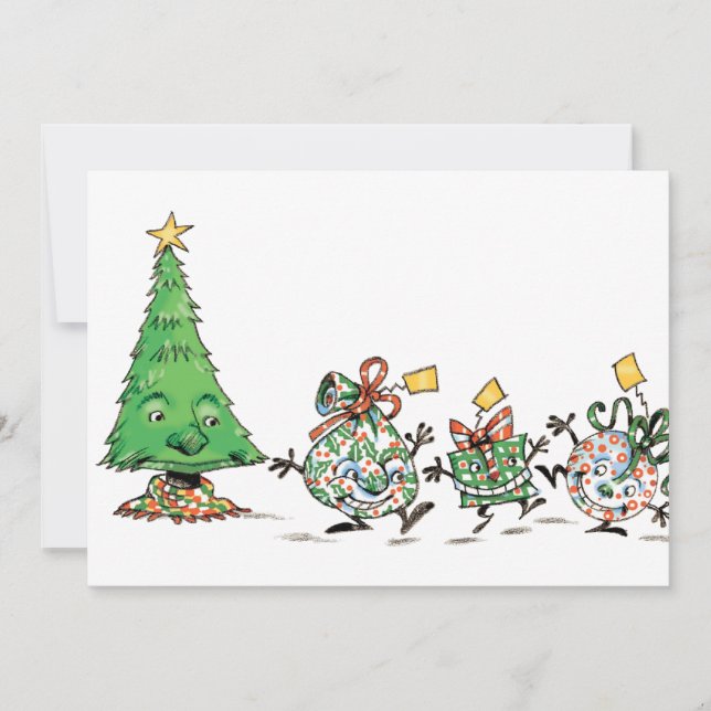 Cute Cartoon Dancing Christmas Presents and Tree Holiday Card (Front)