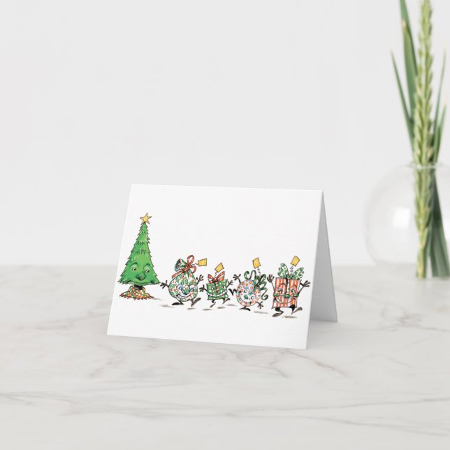 Cute Cartoon Dancing Christmas Presents and Tree Holiday Card (Front)