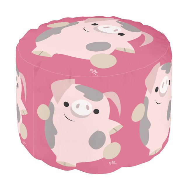 Cute Cartoon Dancing Pig Round Pouf (Angled Back)