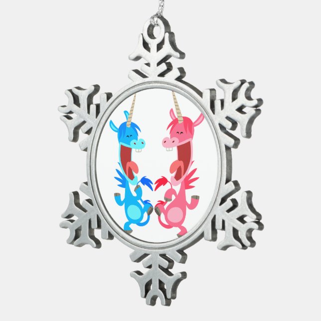 Cute Cartoon Dancing Unicorns Pewter Ornament (Right)