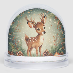 Cute Cartoon Deer in Festive Wreath Snow Globe