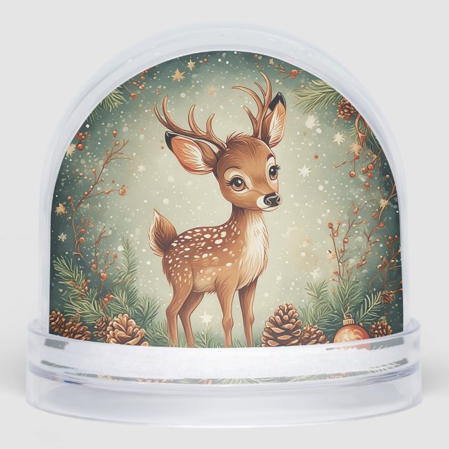Cute Cartoon Deer in Festive Wreath Snow Globe (Front)