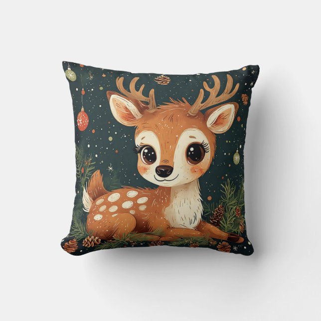 Cute Cartoon Deer in Festive Wreath Throw Pillow (Front)
