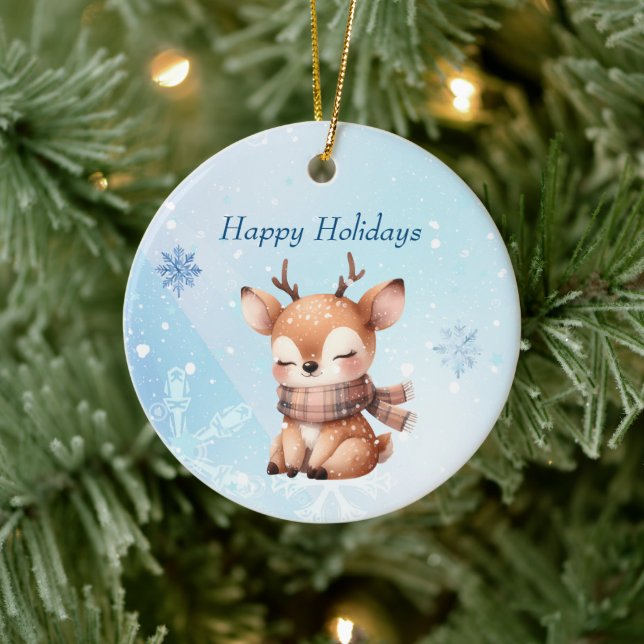 Cute Cartoon Deer in Snow Ceramic Ornament (Tree)