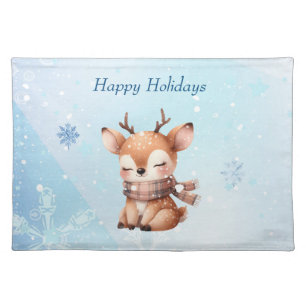 Cute Cartoon Deer in Snow Cloth Placemat