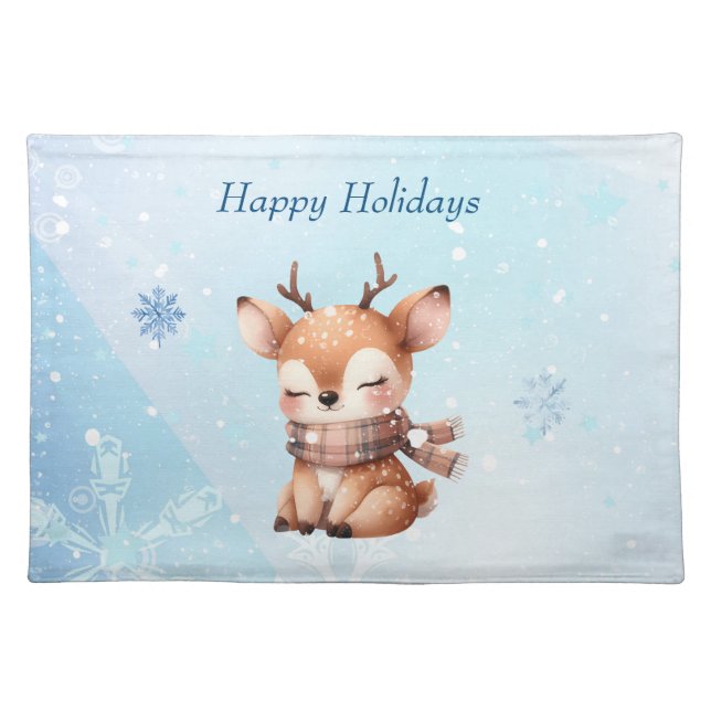 Cute Cartoon Deer in Snow Cloth Placemat (Front)