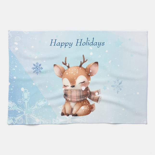 Cute Cartoon Deer in Snow Kitchen Towel (Horizontal)
