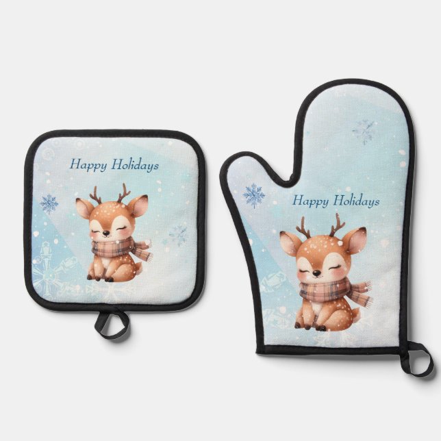 Cute Cartoon Deer in Snow Oven Mitt & Pot Holder Set (Front)
