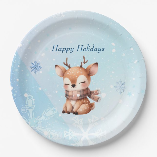 Cute Cartoon Deer in Snow Paper Plates (Front)