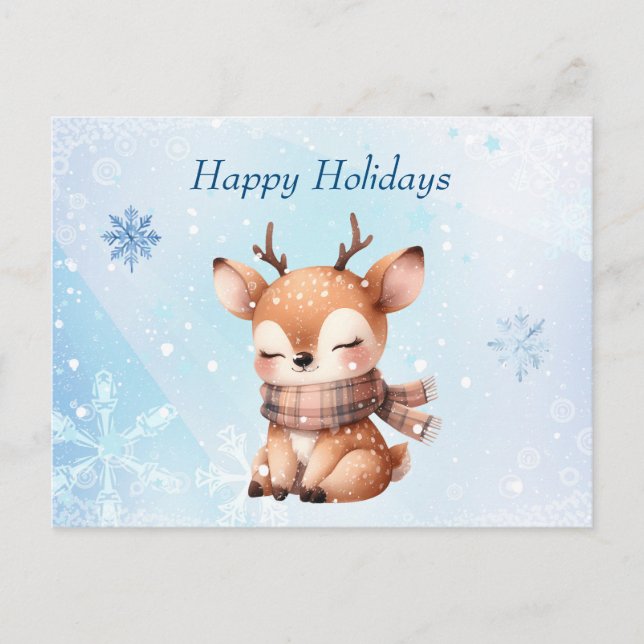 Cute Cartoon Deer in Snow Postcard (Front)