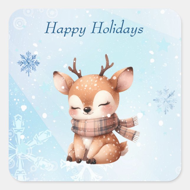 Cute Cartoon Deer in Snow Square Sticker (Front)