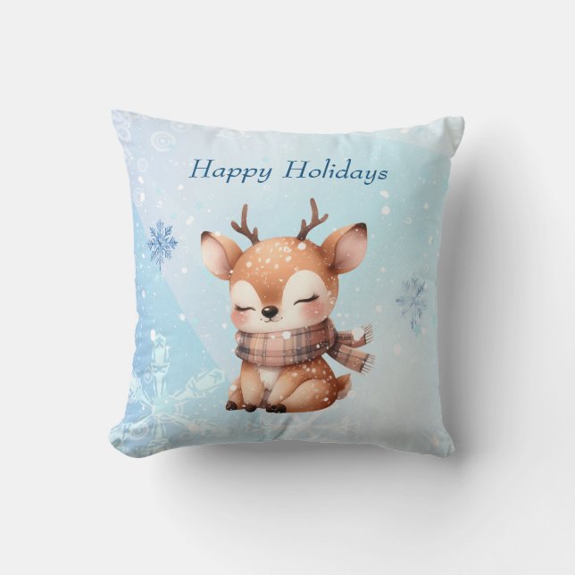 Cute Cartoon Deer in Snow Throw Pillow (Front)