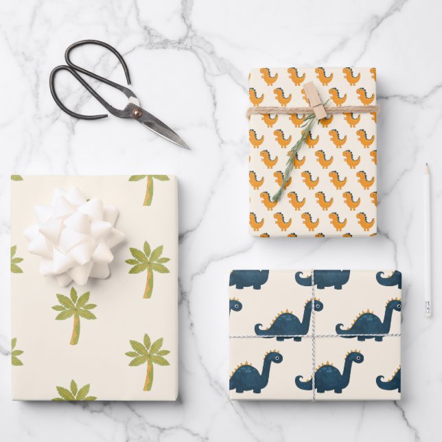 Cute Cartoon Dinosaur And Palm Tree Wrapping Paper Sheets (Front)