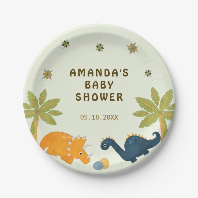 Cute Cartoon Dinosaur Baby Shower  Paper Plates (Front)