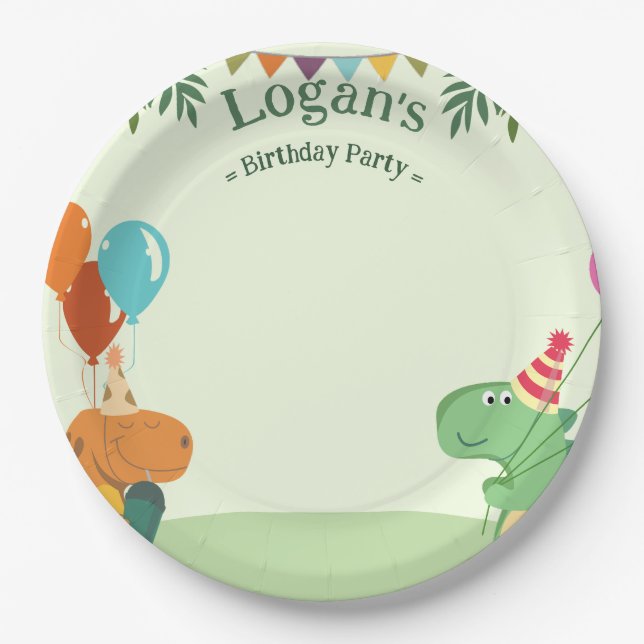 Cute Cartoon Dinosaur Birthday Party Paper Plates (Front)