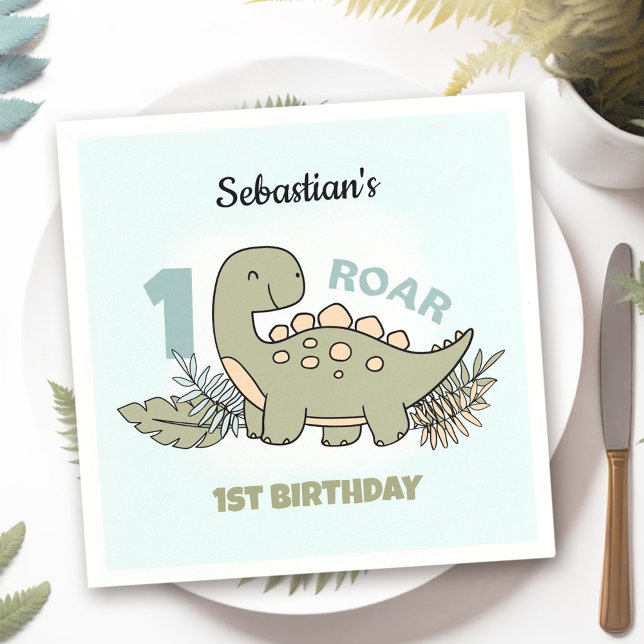 Cute Cartoon Dinosaur Blue Green Boy 1st Birthday Napkins (Cute Cartoon Dinosaur Blue Green Boy 1st Birthday Napkins)