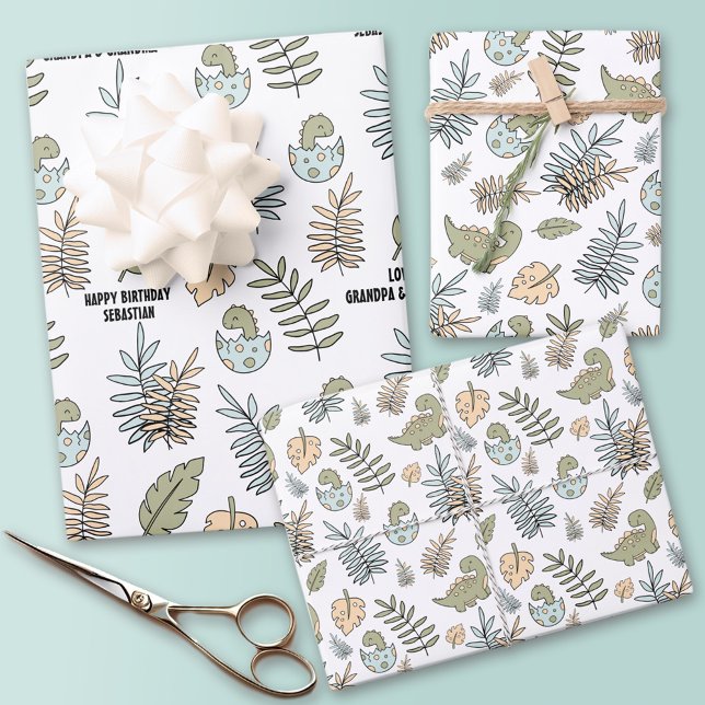 Cute Cartoon Dinosaur Blue Green Boy Name Wrapping Paper Sheets (Cute Cartoon Dinosaur Blue Green Boy Name Wrapping Paper Sheets)