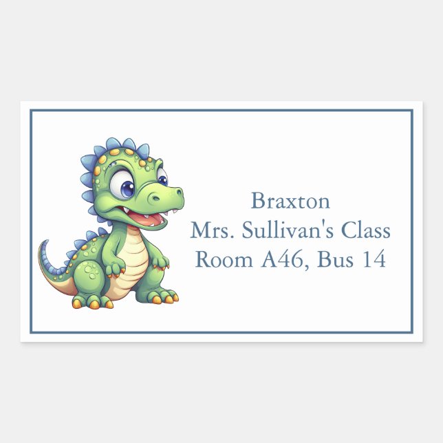Cute Cartoon Dinosaur Kid's Nametag Rectangular Sticker (Front)