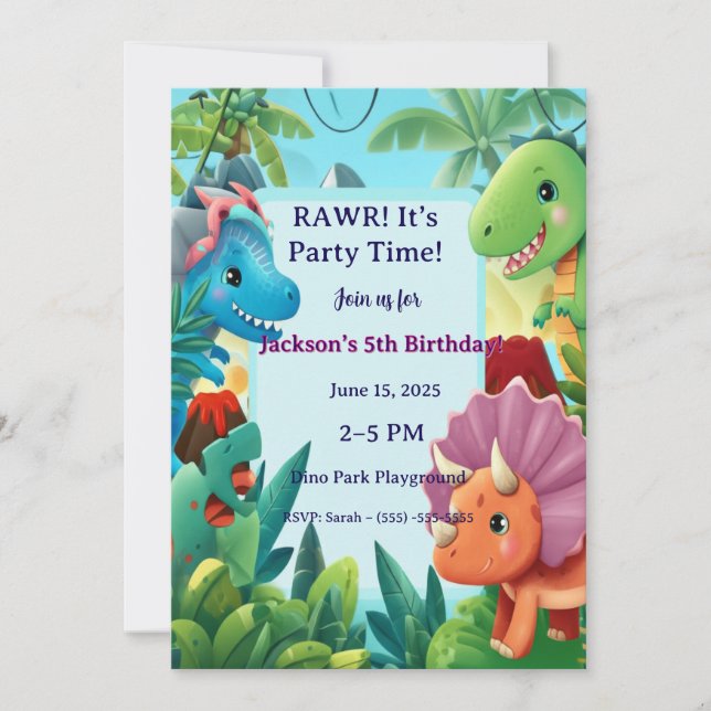 Cute Cartoon Dinosaur "RAWR! It's Party Time!" Boy Invitation (Front)