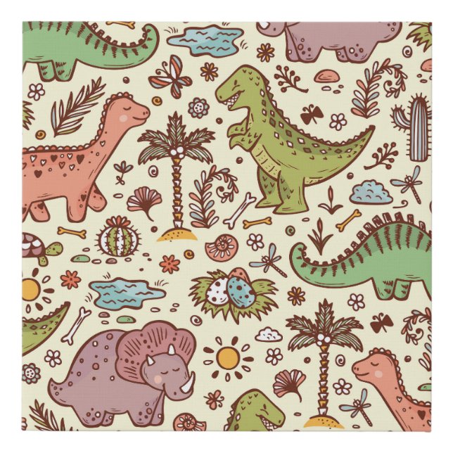 Cute Cartoon Dinosaur Vintage Pattern Faux Canvas Print (Front)