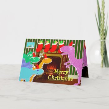 Cute Cartoon Dinosaurs Fireplace Christmas Card by dinoshop at Zazzle
