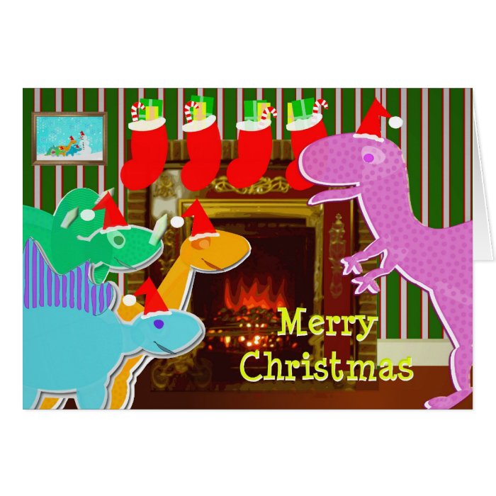 Cute Cartoon Dinosaurs Fireplace Christmas Card