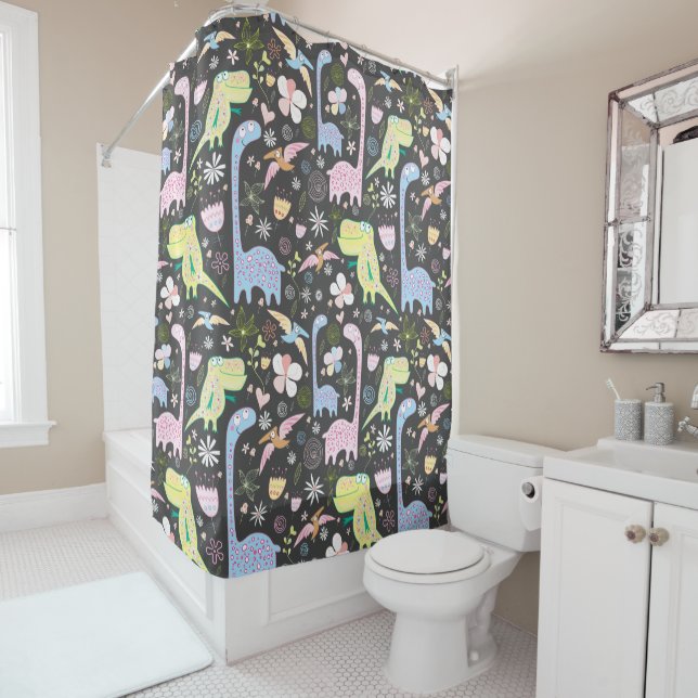 Cute Cartoon Dinosaurs Pattern Dark Gray Shower Curtain (In Situ)