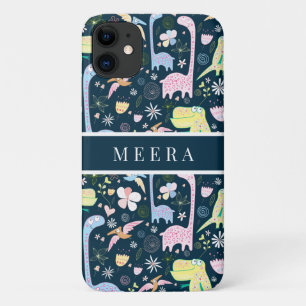 Cute Cartoon Dinosaurs Pattern Name Dark Blue iPhone 11 Case