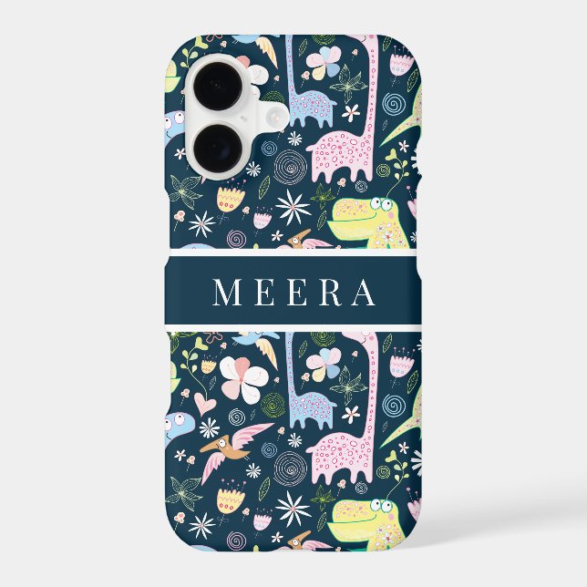Cute Cartoon Dinosaurs Pattern Name Dark Blue Iphone Case (Back)
