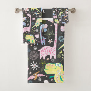 Cute Cartoon Dinosaurs Pattern Name Dark Gray Bath Towel Set