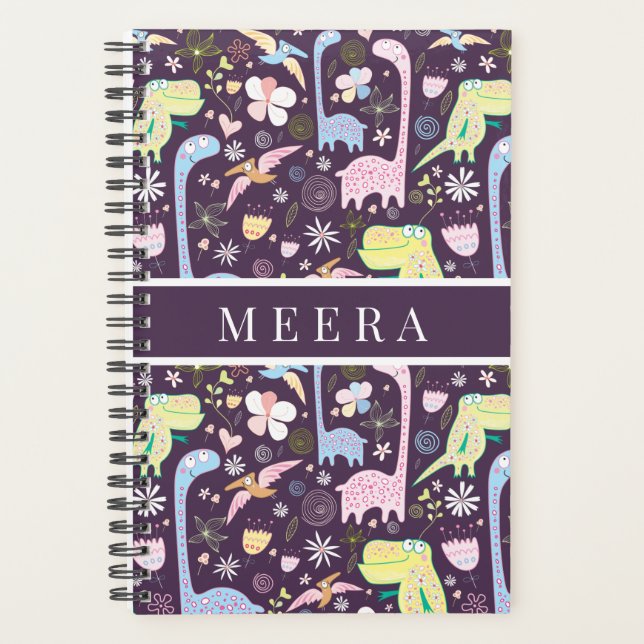 Cute Cartoon Dinosaurs Pattern Name Dark Purple Planner (Front)