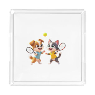 Cute Cartoon Dog and Cat Playing Padel Tennis – Fu Acrylic Tray