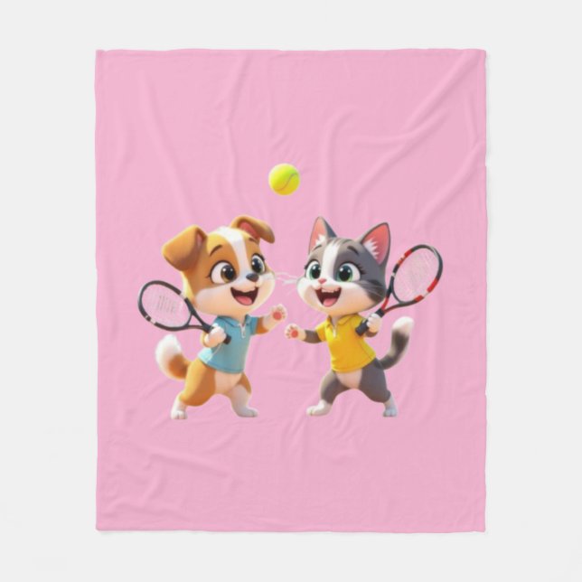 Cute Cartoon Dog and Cat Playing Padel Tennis – Fu Fleece Blanket (Front)