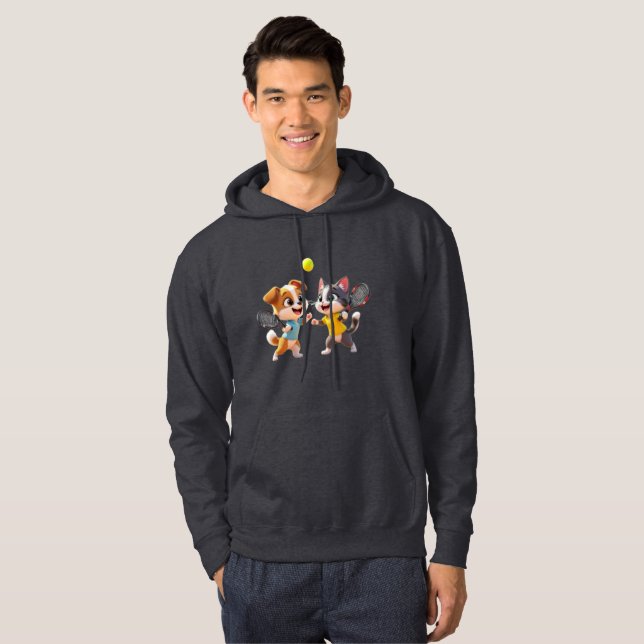 Cute Cartoon Dog and Cat Playing Padel Tennis – Fu Hoodie (Front Full)