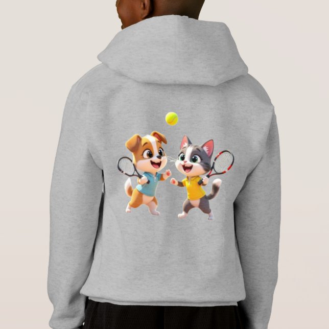 Cute Cartoon Dog and Cat Playing Padel Tennis – Fu Hoodie (Back)