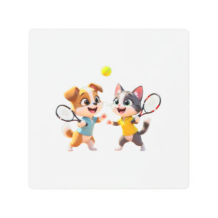 Cute Cartoon Dog and Cat Playing Padel Tennis – Fu Metal Print