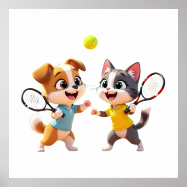 Cute Cartoon Dog and Cat Playing Padel Tennis – Fu Poster (Front)